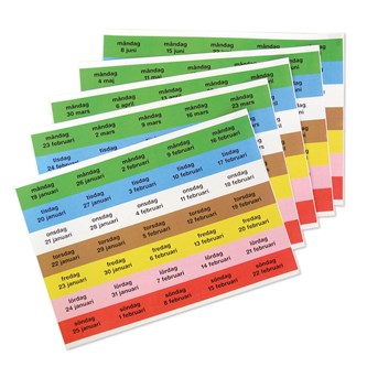 Datumetiketter i veckodagsfärger, vårterminen 2025